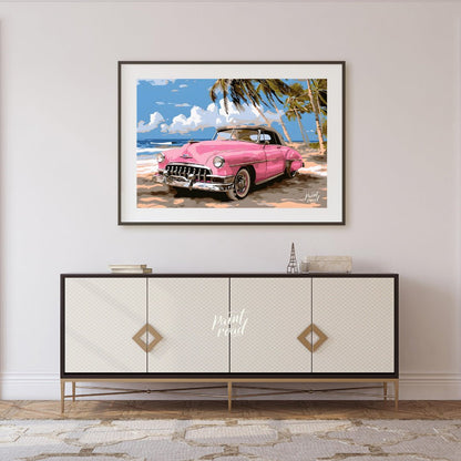 This vibrant art captures the nostalgic charm of a classic pink Cadillac convertible parked on a su… for living room