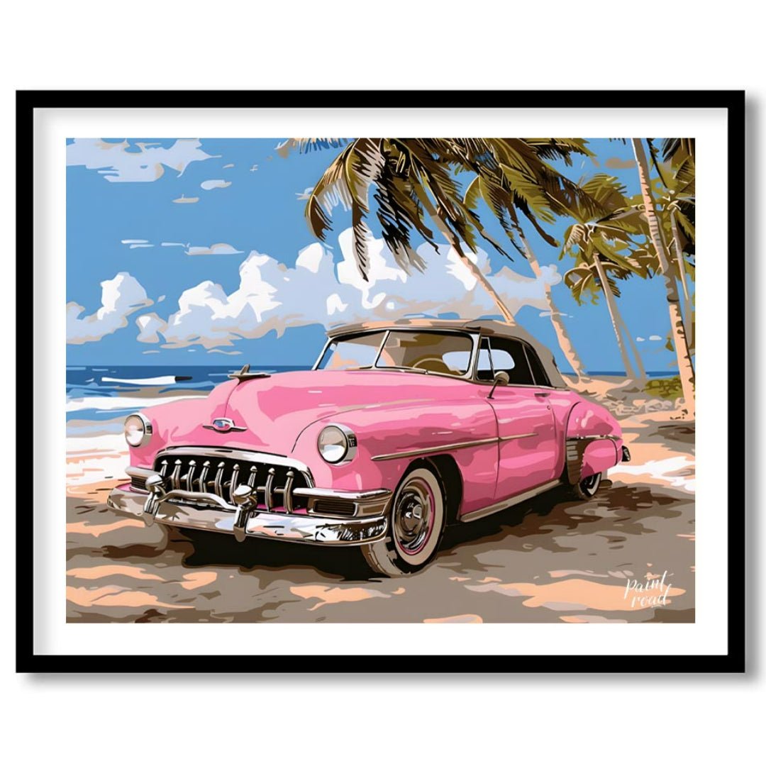 This vibrant art captures the nostalgic charm of a classic pink Cadillac convertible parked on a su… for space