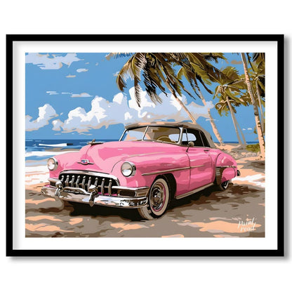 This vibrant art captures the nostalgic charm of a classic pink Cadillac convertible parked on a su… for space