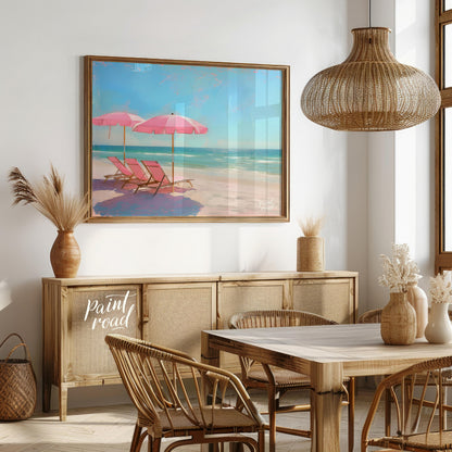This artwork captures a tranquil beach scene with two pink parasols and matching lounge chairs set … for dining room