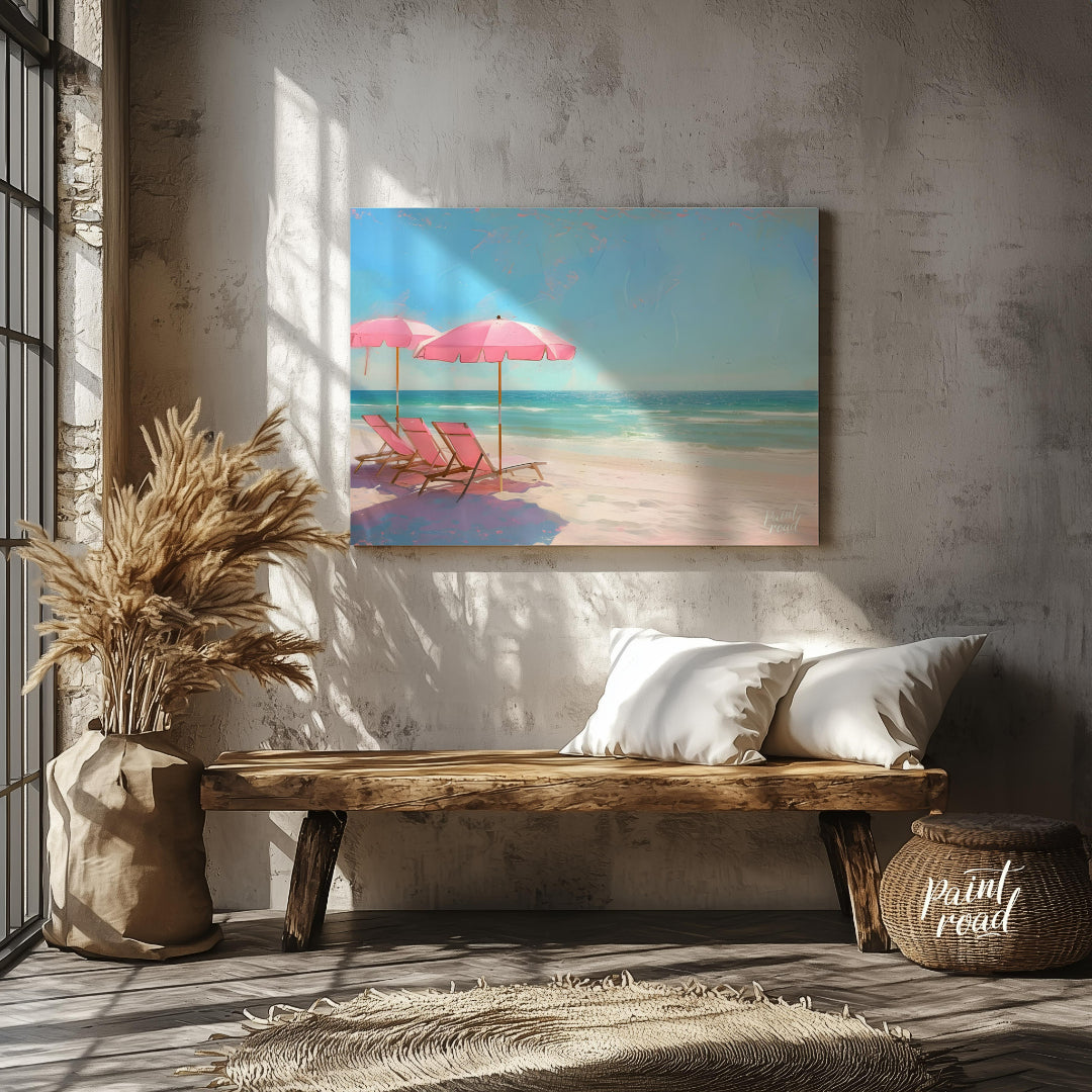 This artwork captures a tranquil beach scene with two pink parasols and matching lounge chairs set … for entryway
