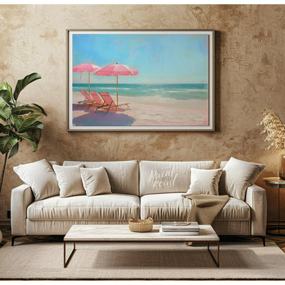 This artwork captures a tranquil beach scene with two pink parasols and matching lounge chairs set … for living room