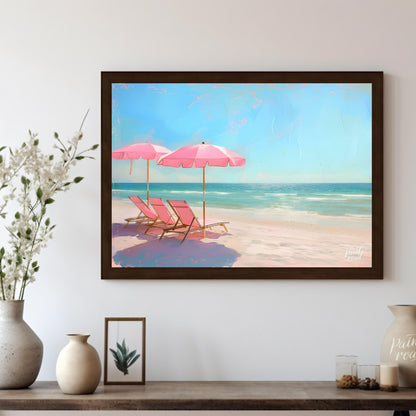 This artwork captures a tranquil beach scene with two pink parasols and matching lounge chairs set … for other