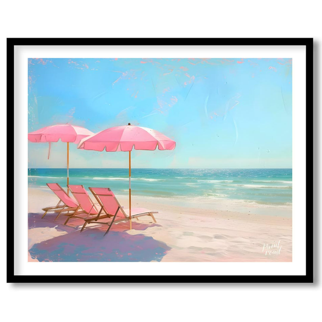 This artwork captures a tranquil beach scene with two pink parasols and matching lounge chairs set … for sweet home