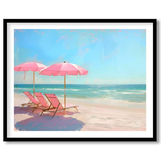 This artwork captures a tranquil beach scene with two pink parasols and matching lounge chairs set … for sweet home