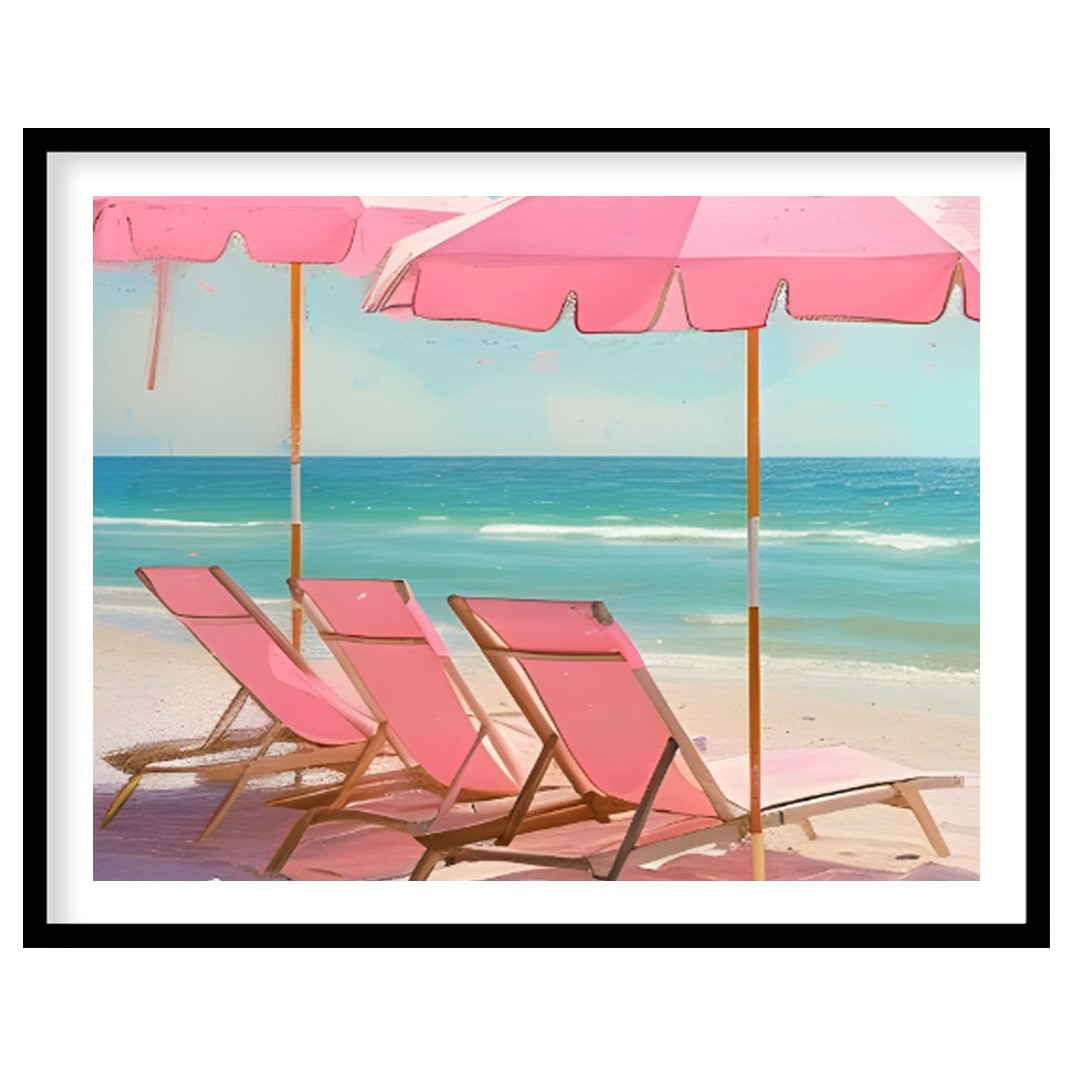 This artwork captures a tranquil beach scene with two pink parasols and matching lounge chairs set … for sweet home