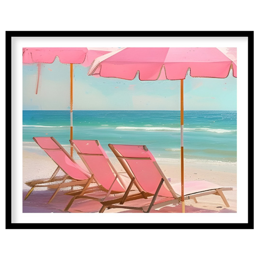 This artwork captures a tranquil beach scene with two pink parasols and matching lounge chairs set … for sweet home