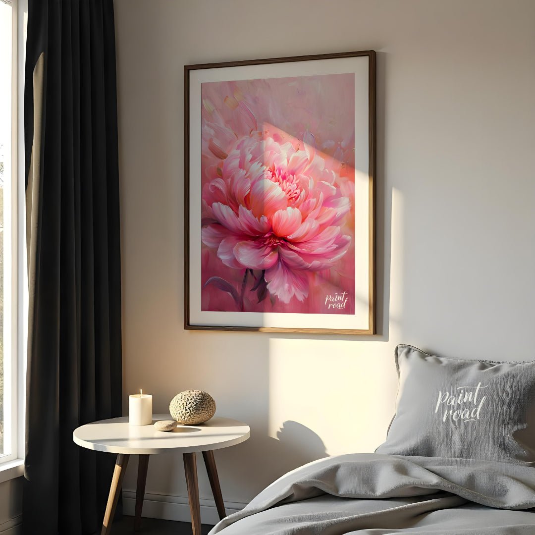 This ethereal painting captures the delicate beauty of a blooming pink peony. The artist employs so… for bedroom