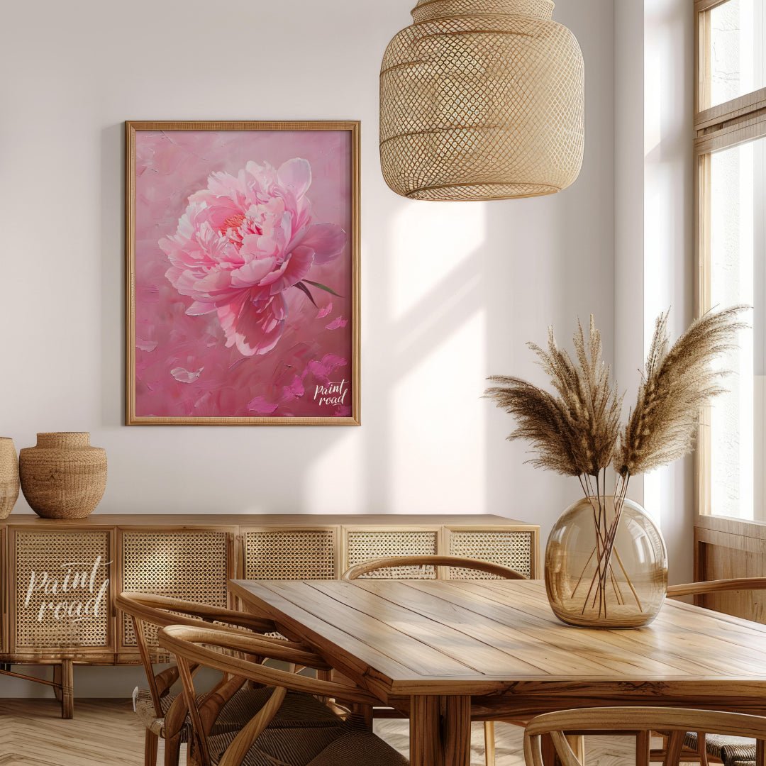 This vibrant art captures the delicate beauty of a single peony blossom in full bloom. Soft pink pe… for dining room