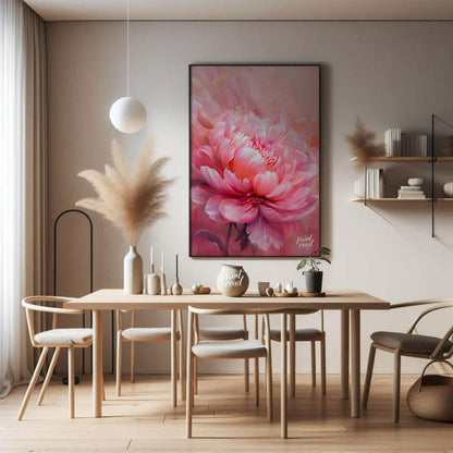 This ethereal painting captures the delicate beauty of a blooming pink peony. The artist employs so… for dining room