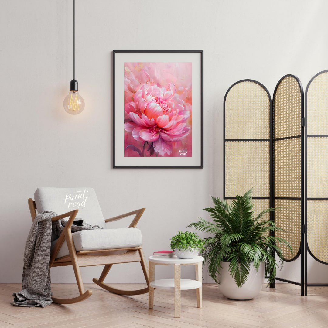 This ethereal painting captures the delicate beauty of a blooming pink peony. The artist employs so… for living room