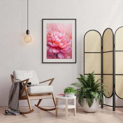 This ethereal painting captures the delicate beauty of a blooming pink peony. The artist employs so… for living room
