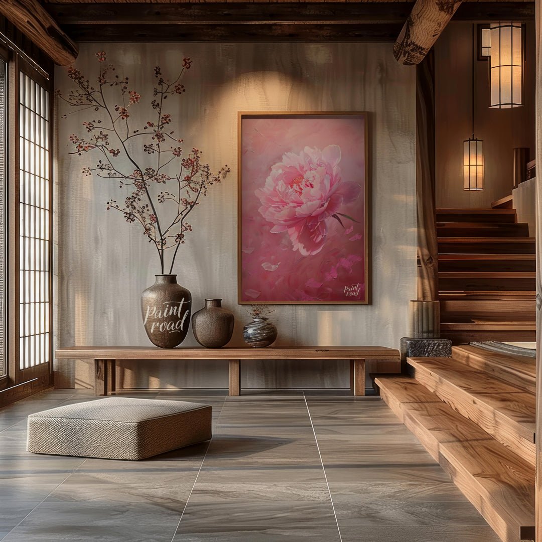 This vibrant art captures the delicate beauty of a single peony blossom in full bloom. Soft pink pe… for entryway