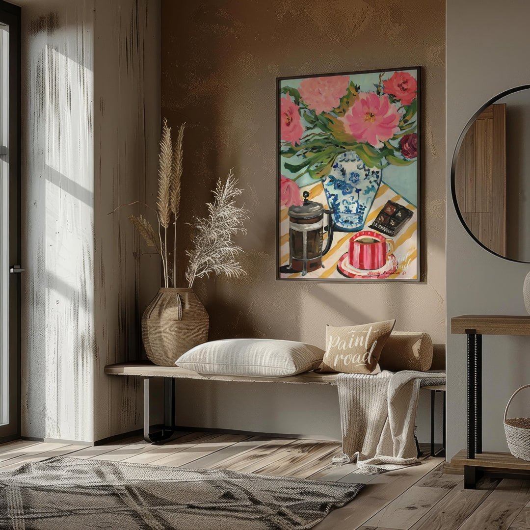 This vibrant art captures the delicate beauty of a single peony blossom in full bloom. Soft pink pe… for entryway