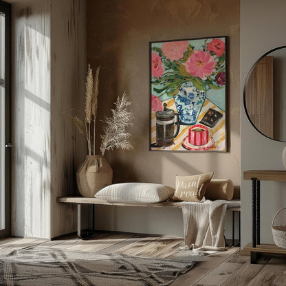 This vibrant art captures the delicate beauty of a single peony blossom in full bloom. Soft pink pe… for entryway