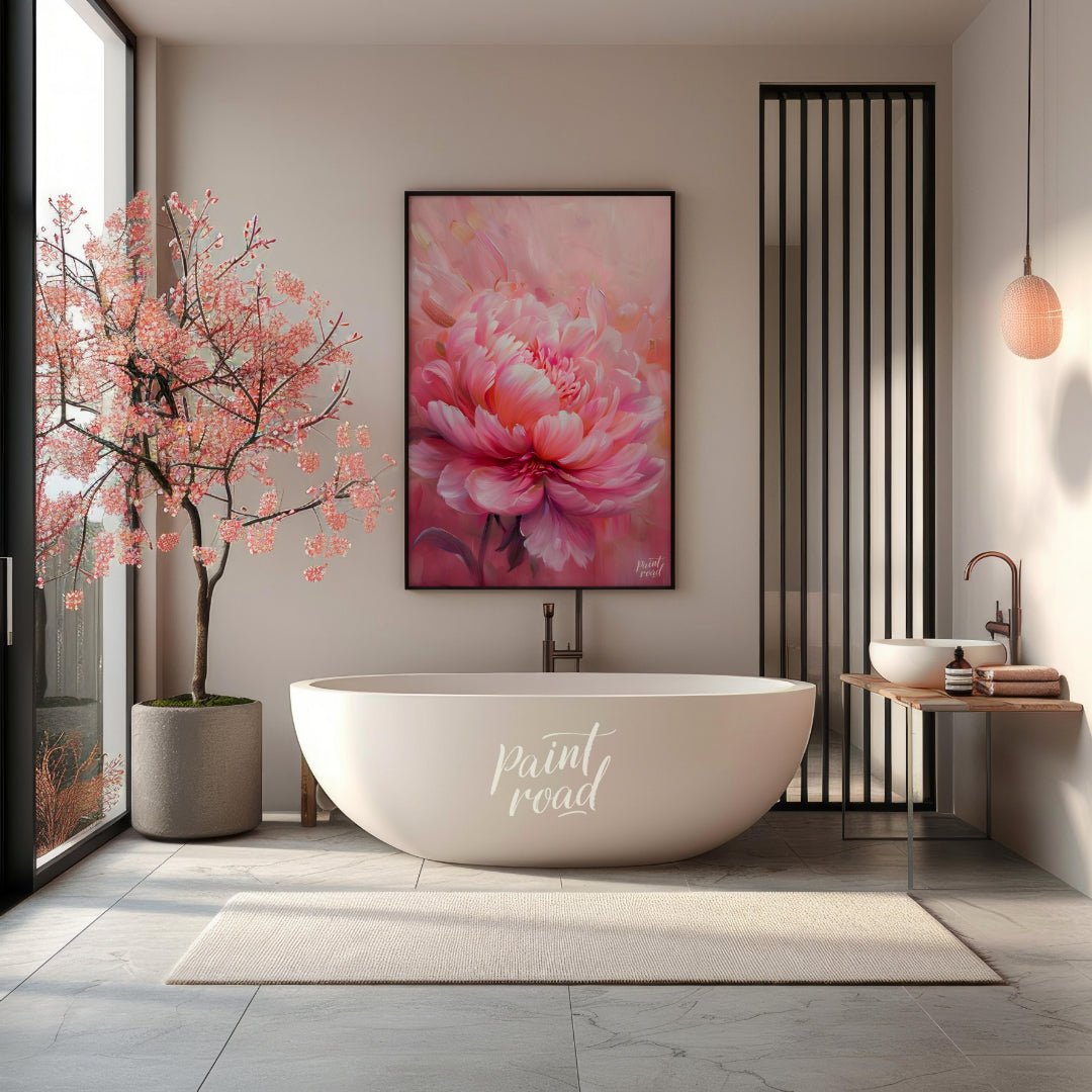 This ethereal painting captures the delicate beauty of a blooming pink peony. The artist employs so… for bathroom