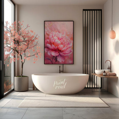 This ethereal painting captures the delicate beauty of a blooming pink peony. The artist employs so… for bathroom