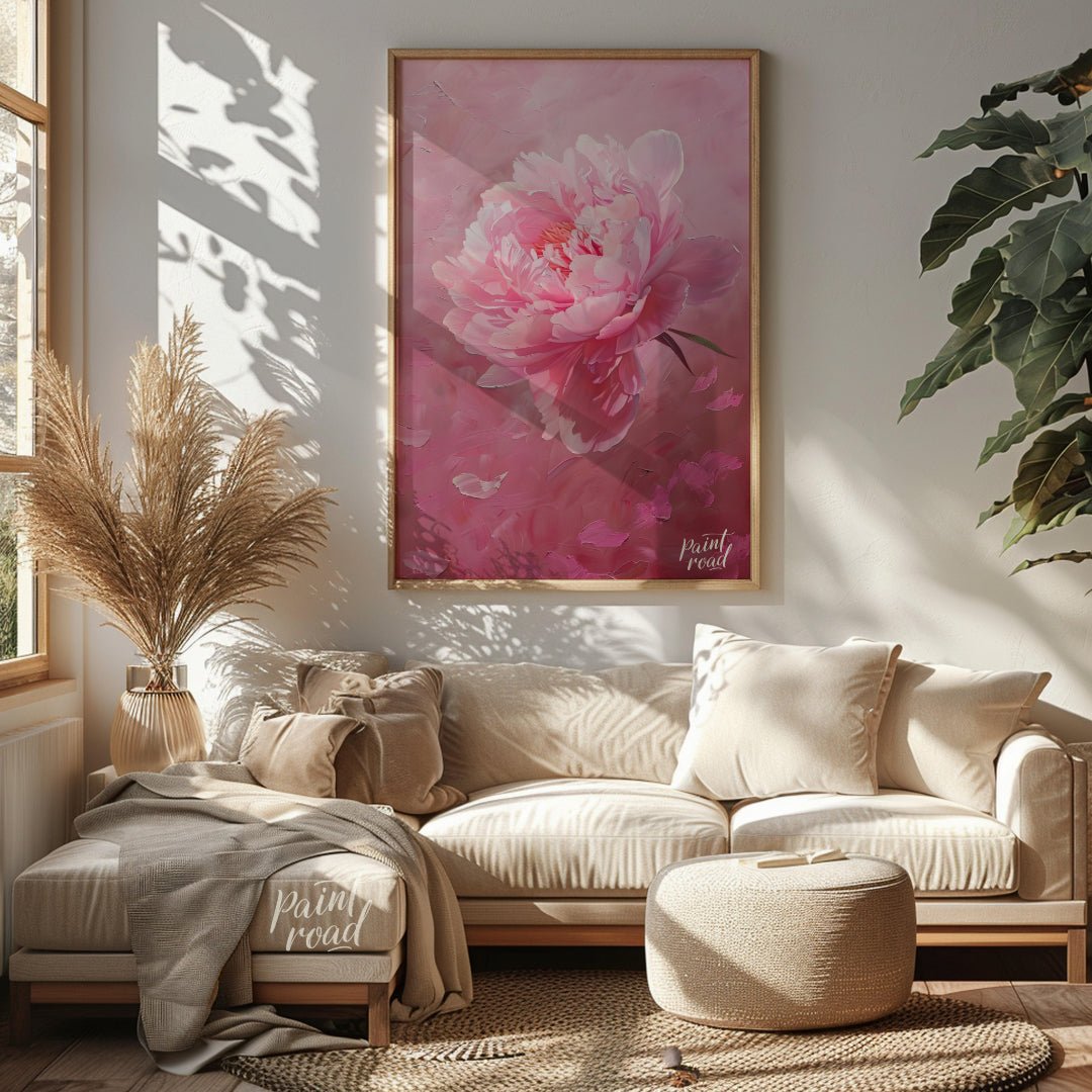 This vibrant art captures the delicate beauty of a single peony blossom in full bloom. Soft pink pe… for living room