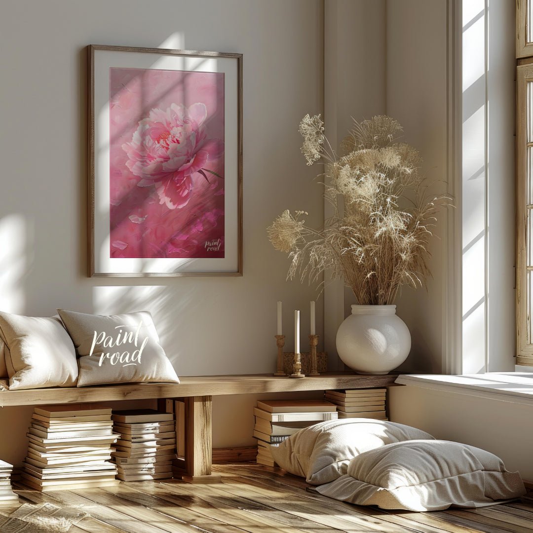 This vibrant art captures the delicate beauty of a single peony blossom in full bloom. Soft pink pe… for living room