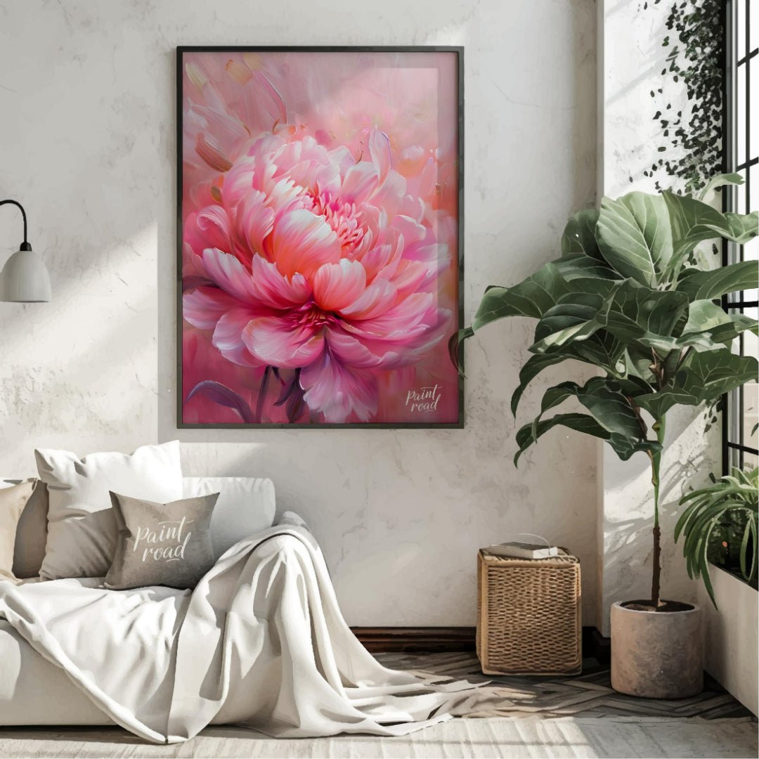 This ethereal painting captures the delicate beauty of a blooming pink peony. The artist employs so… for living room