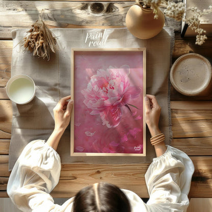 This vibrant art captures the delicate beauty of a single peony blossom in full bloom. Soft pink pe… for other