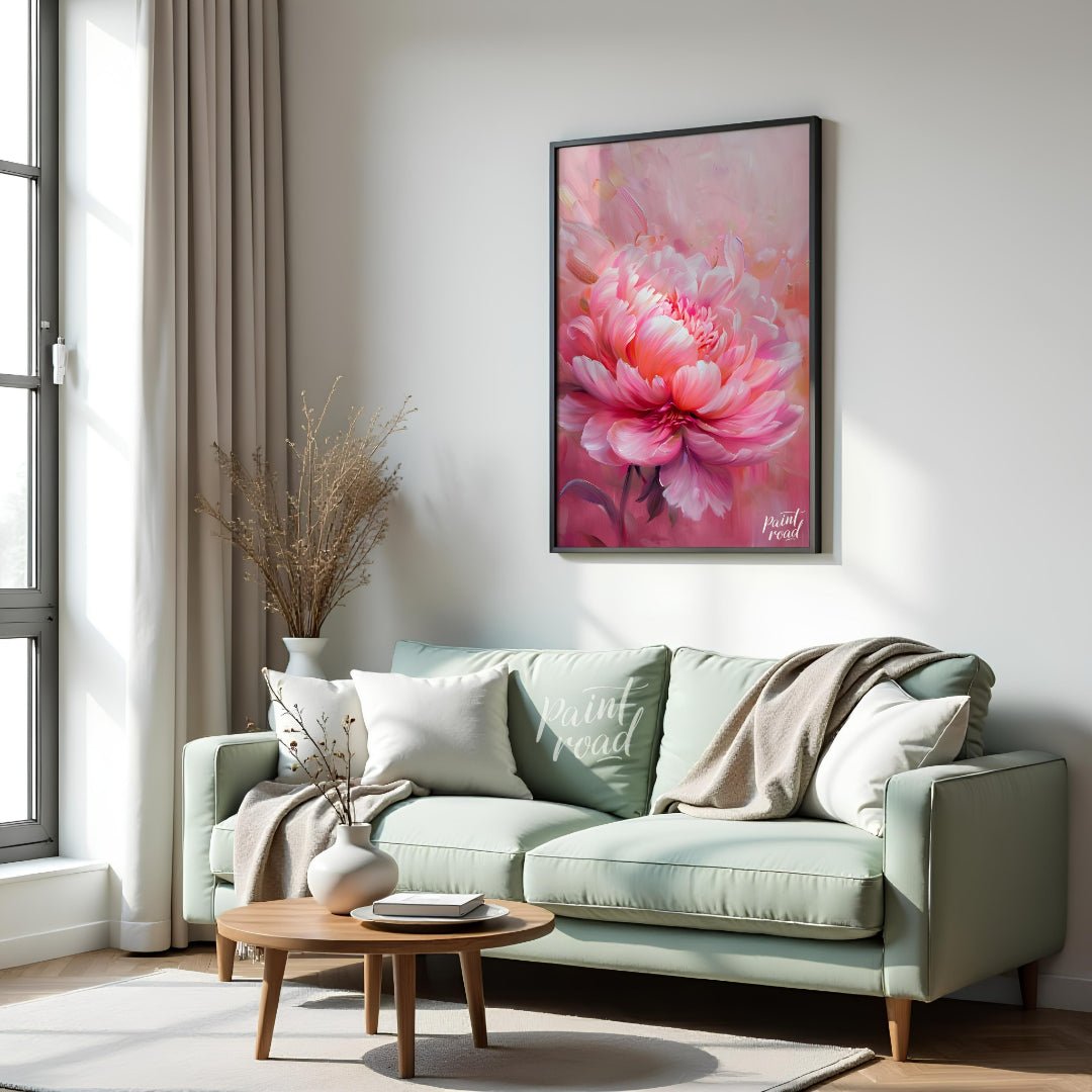 This ethereal painting captures the delicate beauty of a blooming pink peony. The artist employs so… for living room