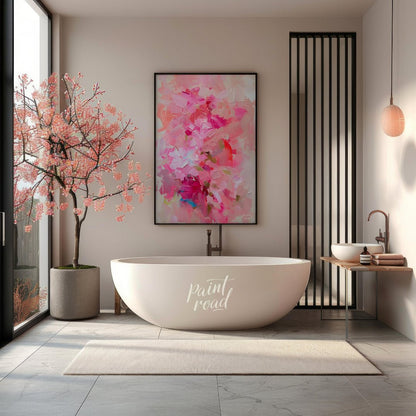 This abstract painting is a symphony of pink hues, layered with thick, expressive brushstrokes. The… for bathroom