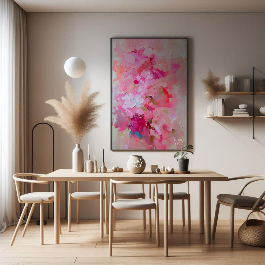 This abstract painting is a symphony of pink hues, layered with thick, expressive brushstrokes. The… for dining room