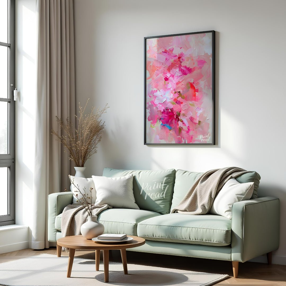 This abstract painting is a symphony of pink hues, layered with thick, expressive brushstrokes. The… for living room