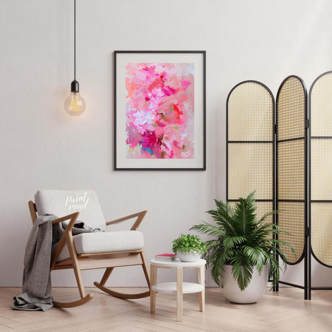 This abstract painting is a symphony of pink hues, layered with thick, expressive brushstrokes. The… for living room