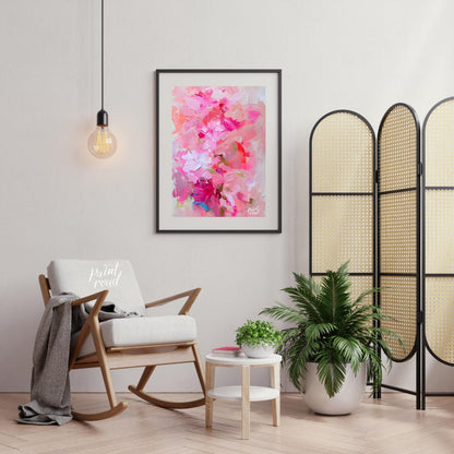 This abstract painting is a symphony of pink hues, layered with thick, expressive brushstrokes. The… for living room
