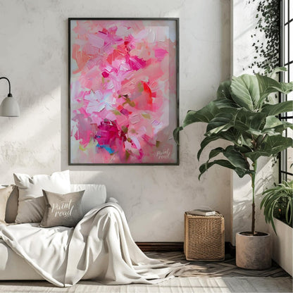 This abstract painting is a symphony of pink hues, layered with thick, expressive brushstrokes. The… for living room