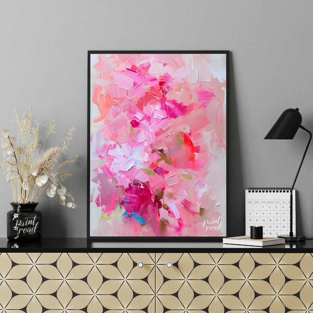 This abstract painting is a symphony of pink hues, layered with thick, expressive brushstrokes. The… for office