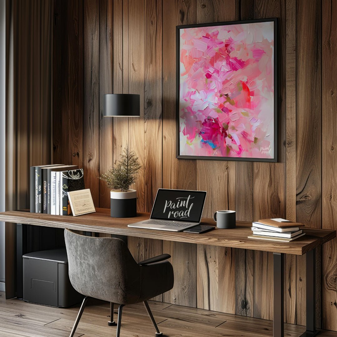 This abstract painting is a symphony of pink hues, layered with thick, expressive brushstrokes. The… for office