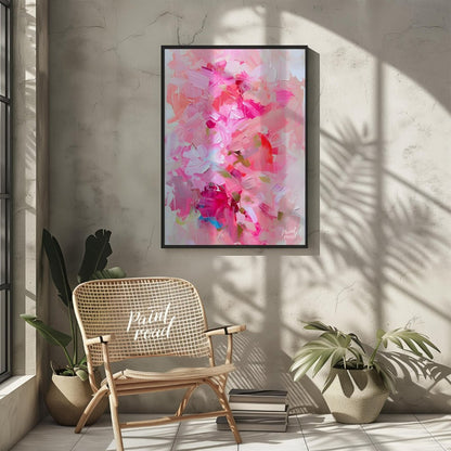 This abstract painting is a symphony of pink hues, layered with thick, expressive brushstrokes. The… for other