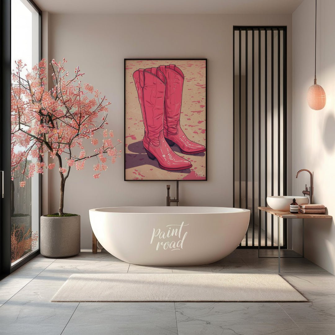 "Pink Pioneer Boots" presents a stylized illustration of two pink cowboy boots, rendered with a glo… for bathroom