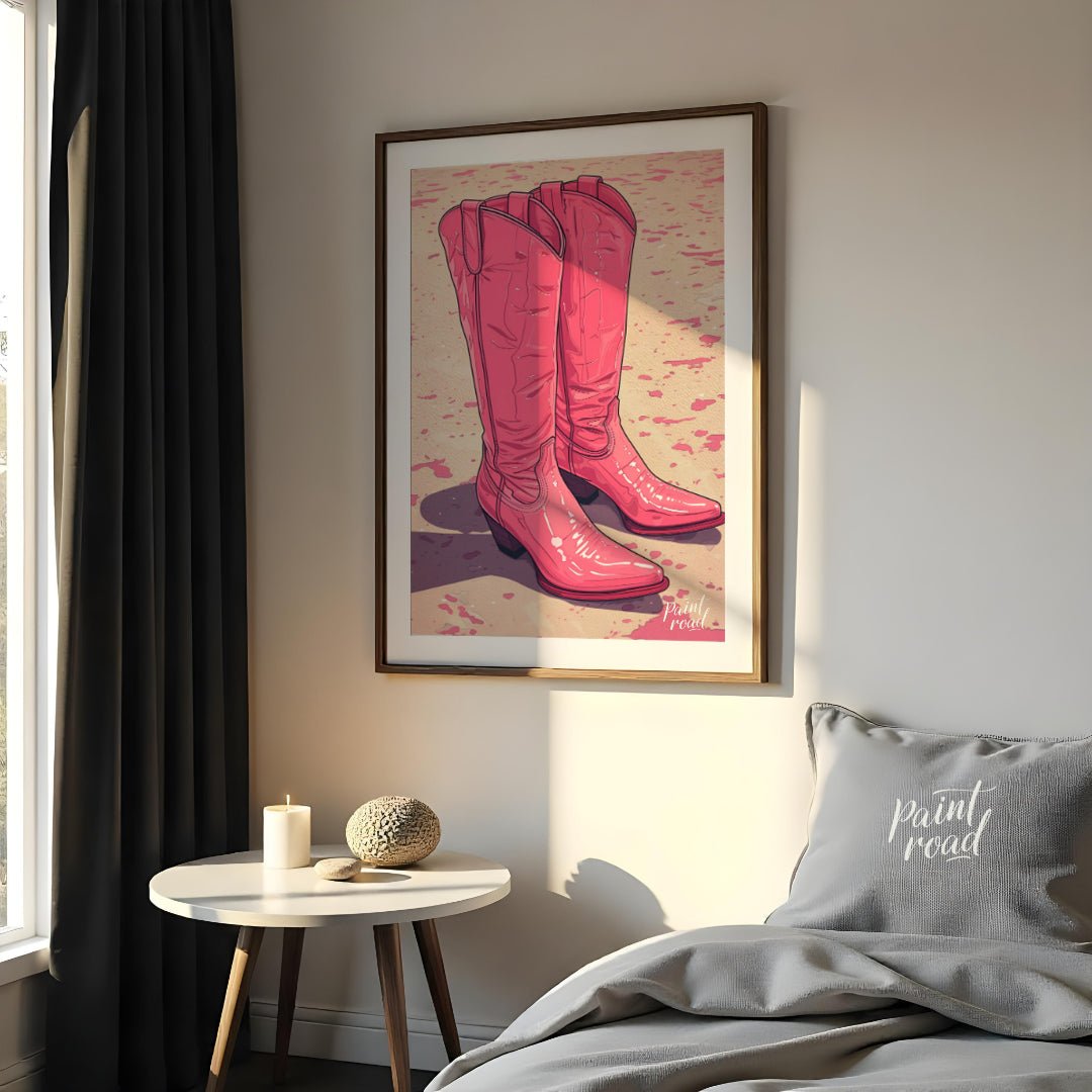 "Pink Pioneer Boots" presents a stylized illustration of two pink cowboy boots, rendered with a glo… for bedroom