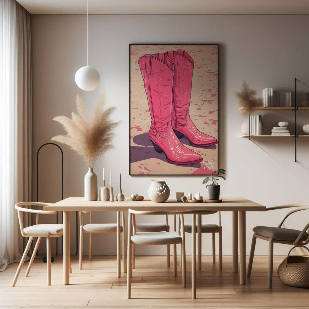"Pink Pioneer Boots" presents a stylized illustration of two pink cowboy boots, rendered with a glo… for dining room