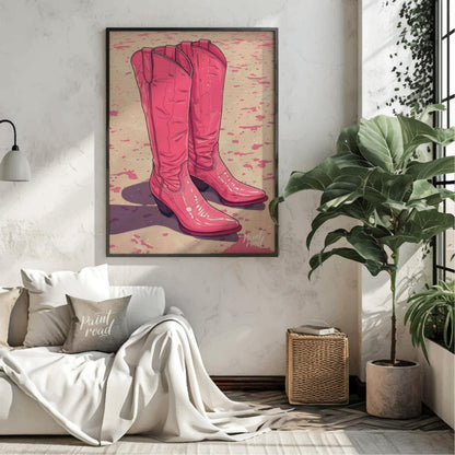 "Pink Pioneer Boots" presents a stylized illustration of two pink cowboy boots, rendered with a glo… for living room