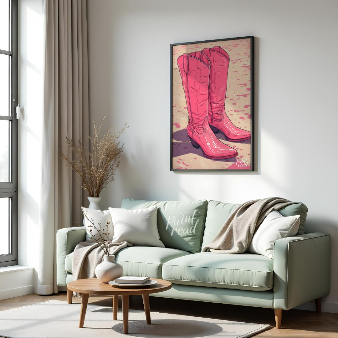 "Pink Pioneer Boots" presents a stylized illustration of two pink cowboy boots, rendered with a glo… for living room