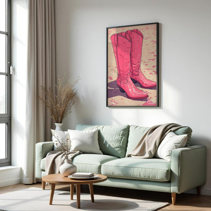 "Pink Pioneer Boots" presents a stylized illustration of two pink cowboy boots, rendered with a glo… for living room