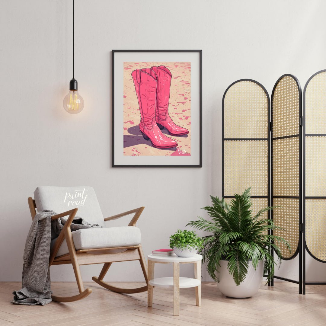 "Pink Pioneer Boots" presents a stylized illustration of two pink cowboy boots, rendered with a glo… for living room
