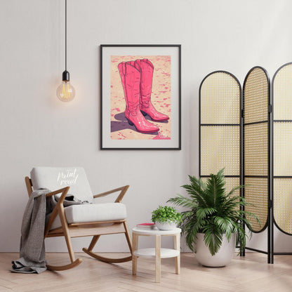 "Pink Pioneer Boots" presents a stylized illustration of two pink cowboy boots, rendered with a glo… for living room