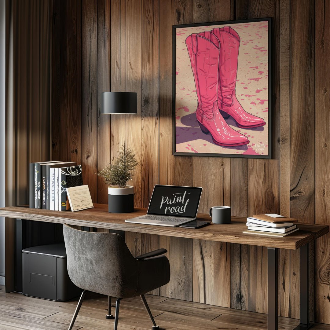 "Pink Pioneer Boots" presents a stylized illustration of two pink cowboy boots, rendered with a glo… for office