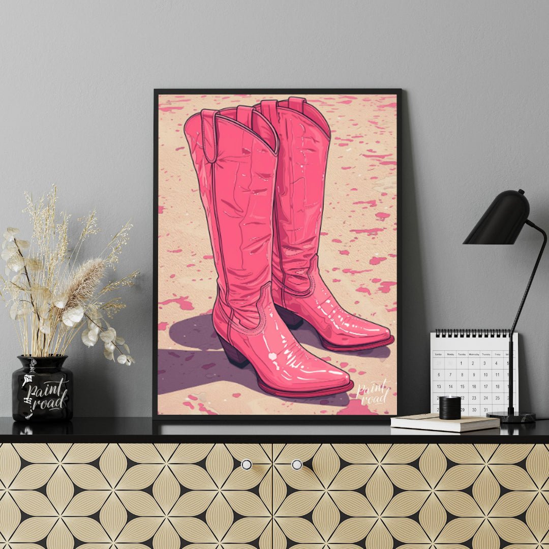 "Pink Pioneer Boots" presents a stylized illustration of two pink cowboy boots, rendered with a glo… for office
