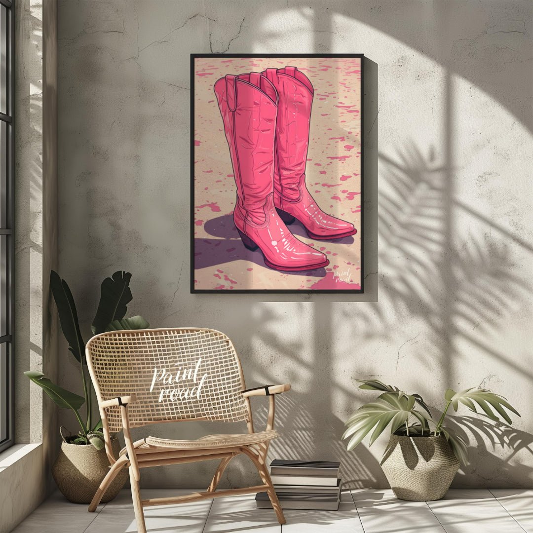 "Pink Pioneer Boots" presents a stylized illustration of two pink cowboy boots, rendered with a glo… for other
