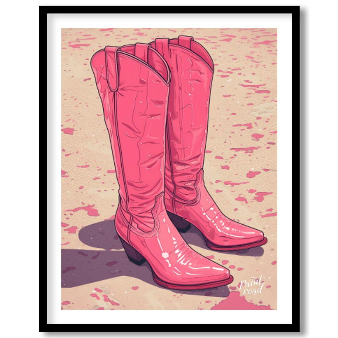 "Pink Pioneer Boots" presents a stylized illustration of two pink cowboy boots, rendered with a glo… for place