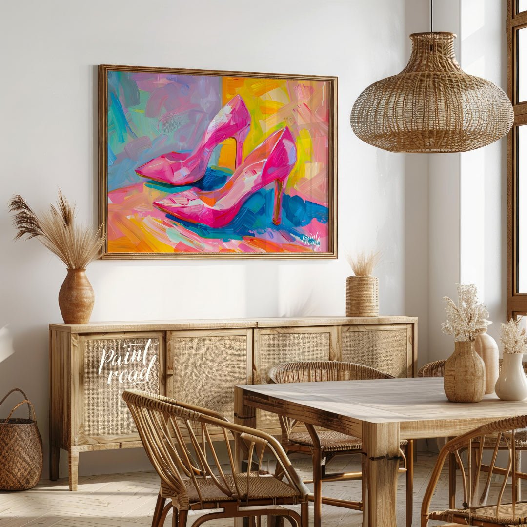 This beautiful painting captures the playful elegance of a pair of bright pink high heels. The shoe… for dining room