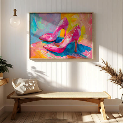 This beautiful painting captures the playful elegance of a pair of bright pink high heels. The shoe… for entryway