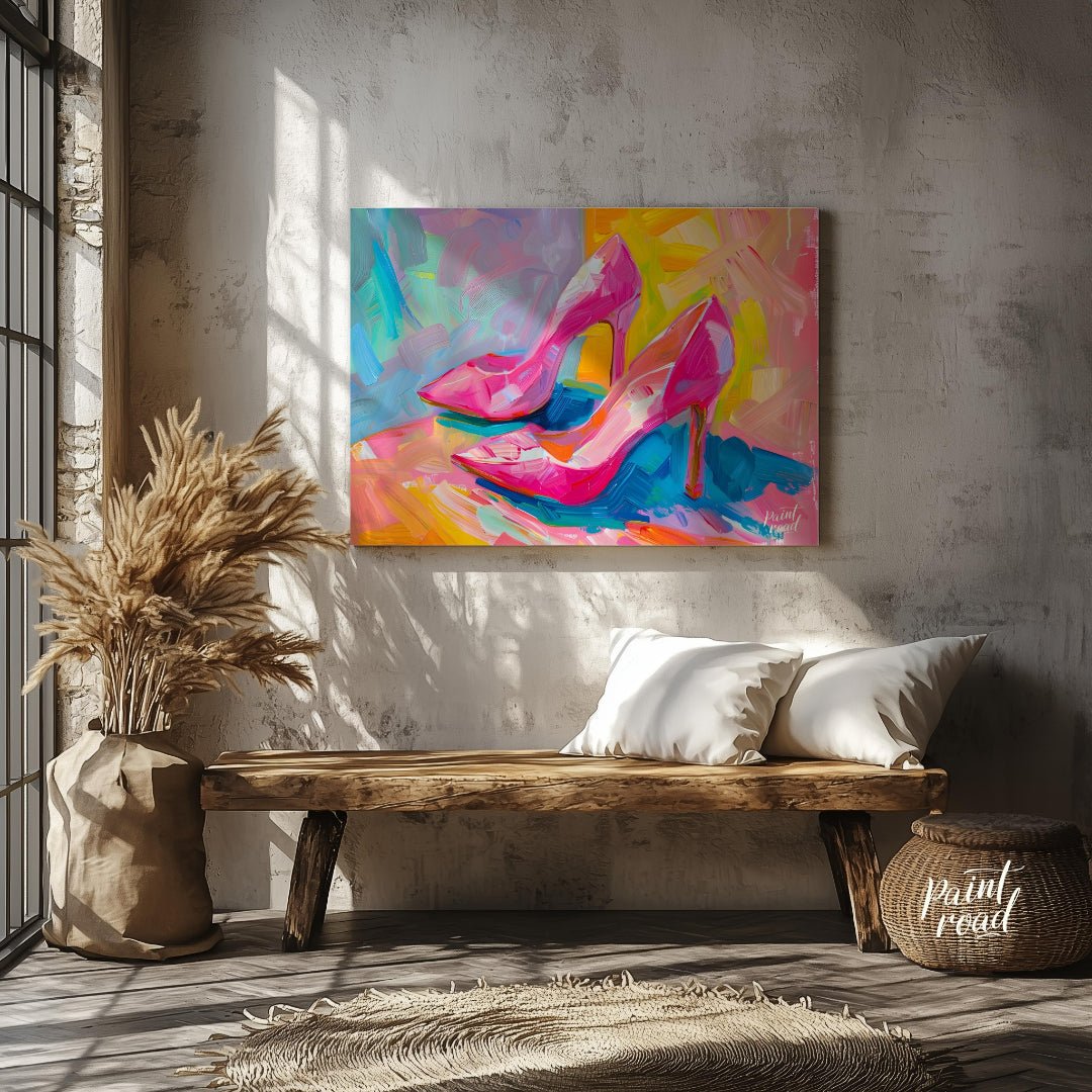 This beautiful painting captures the playful elegance of a pair of bright pink high heels. The shoe… for entryway